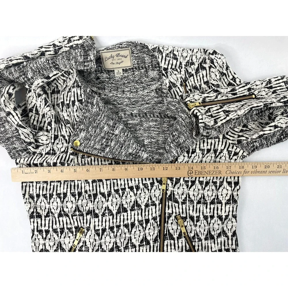 Lucky Brand Marnie Knit Moto Jacket Womens Small Black White Geometric Aztec